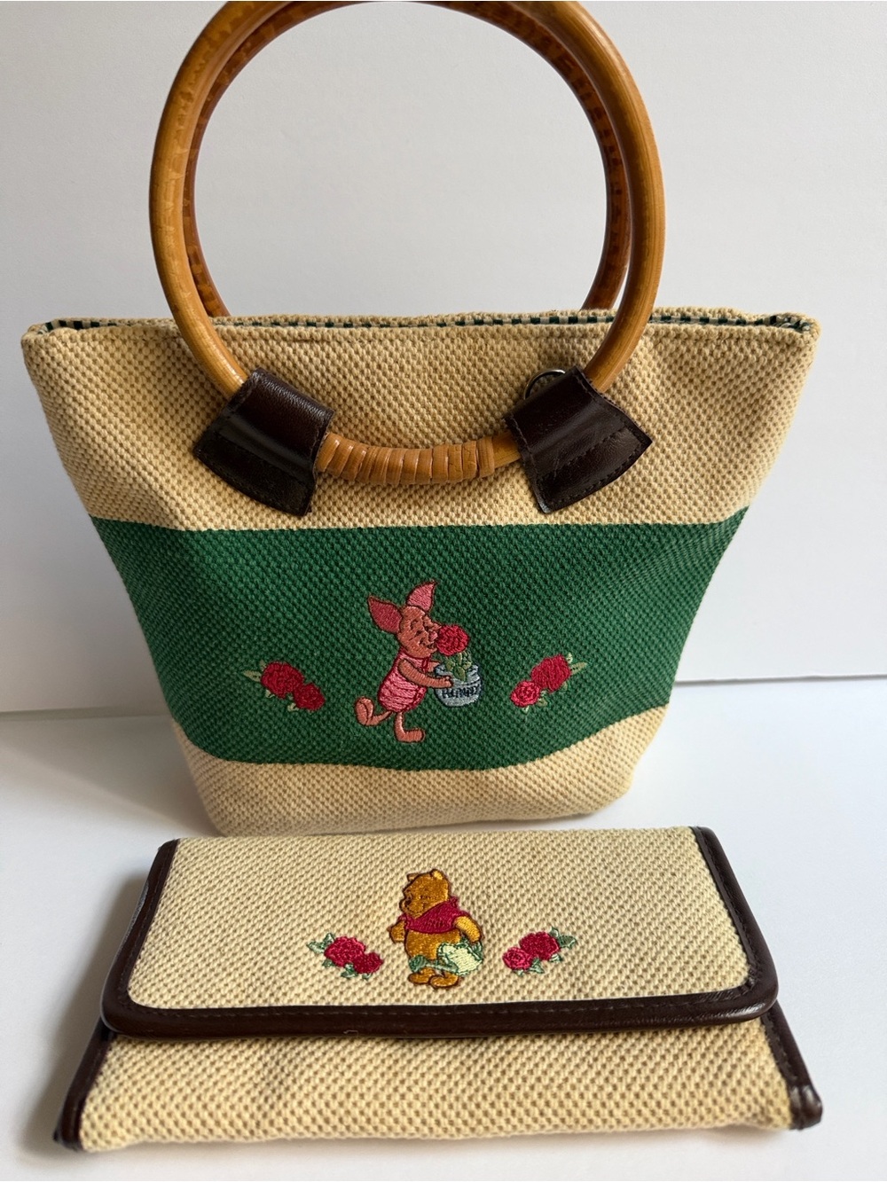Vintage Winnie the Pooh Wallet & Piglet Embroidered Tote with Handles Set Rare